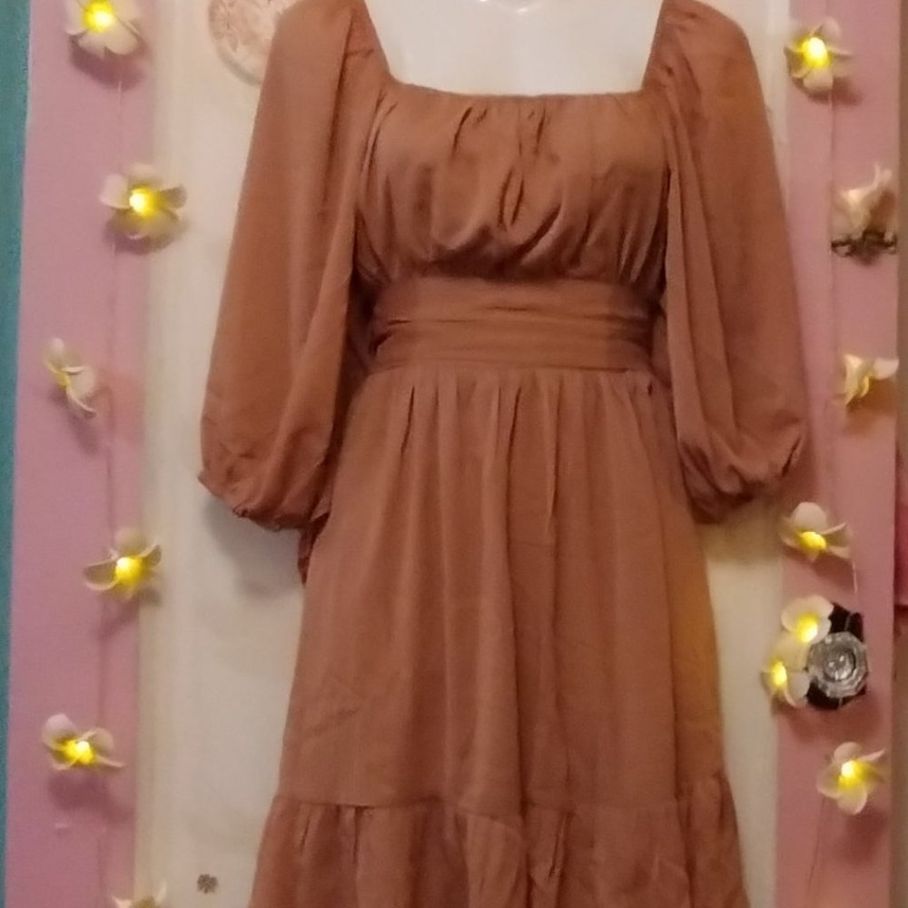 Lined (M) Puff Sleeve Tie Back Aline, Brown